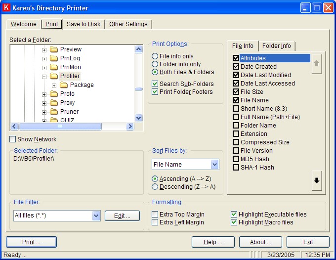 Karen's Directory Printer Software Interface